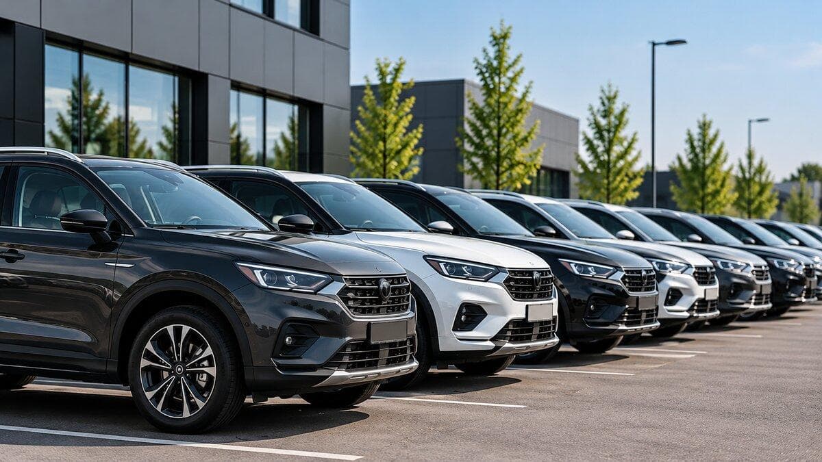 Rând de SUV-uri moderne pregătite pentru flotă